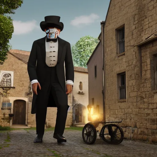 Prompt: an old man that has a face wearing a suit and top hat in a medieval village, D&D, high detail, trending on artstation, 4k photorealistic, volumetric lighting, HD