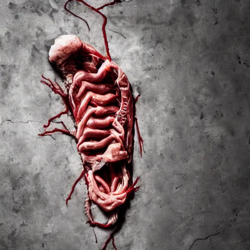 Prompt: a gory structure of intertwined decaying muscles, eyes, and intestines lying in a pool of clotting blood on a cold concrete floor, dark hazy room, a high-quality photo, in color