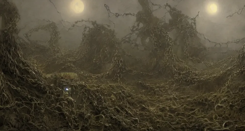 Image similar to craig mullins and ghibli digital art of the vine walls, the moonlight pouring from the top, the atmosphere is ghostly, the bronze coffin in the middle, dragged by chains. color gray depression, moderate gray ， unreal engine, hyper realism, realistic shading, cinematic composition, realistic render, octane render, detailed textures, photorealistic, wide shot