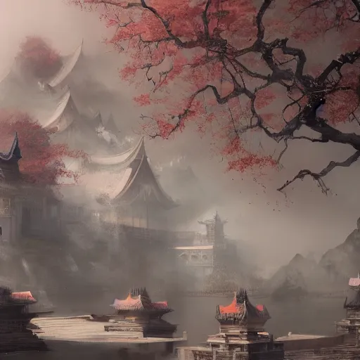 Prompt: beautiful render of tang dynasty, palaceby andreas rocha and greg rutkowski, trending on artstation, unreal engine, 8 k hd wallpaperjpeg artifact, blur, artfact