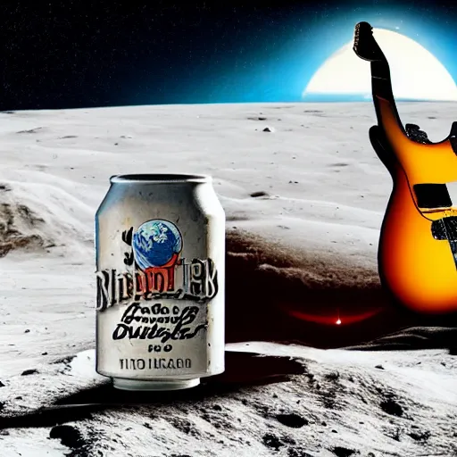 Image similar to photo of a detailed, realistic, regular sized, sitting idle fender electric guitar next to a sitting idle beer can and an astronaut sitting down on the moon surface. detailed photo. realistic photo. cinematic. cinematic shot