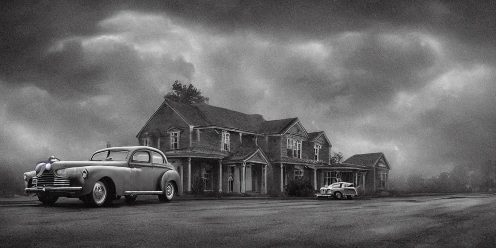 Image similar to Lovecraft Country, ultra detailed haunted house, stormy weather, rain, ultra detailed rain clouds, establishing atmospheric shot, unreal engine, F11 aperture, night, detailed volumetric fog, lighting and thunder, film grain, one ultra detailed grey 1948 Packard Station Sedan parked in the street,