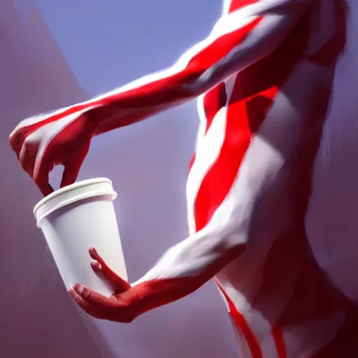 Prompt: white paper cup with red strip as a character!!!, hyperrealistic, highly detailed, cinematic, volumetric sunlight, beautiful, cgssociety, artstation, 8 k, oil painting by greg rutkowski, by artgerm, by wlop