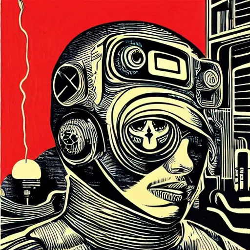 Image similar to Illustrated by Shepard Fairey and H.R. Giger | ((Cyberpunk Van Gogh with VR helmet, surrounded by cables))