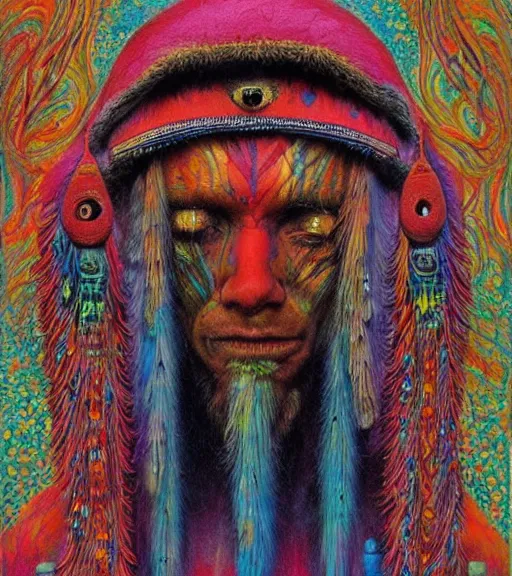Image similar to Portrait painting in a style of Beksinski mixed with Alex Grey of an old shaman dressed in a colorful traditional clothes. Very psychodelic