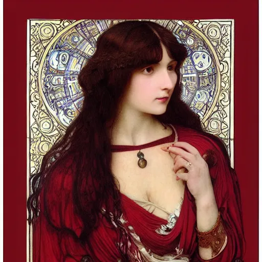 Image similar to Symmetric Pre-Raphaelite painting of a beautiful woman with dark hair in a very detailed silk dark red dress, surrounded by a dark floral frame highly detailed mathematical drawings of neural networks and geometry by Doré and Mucha, by John William Waterhouse, Pre-Raphaelite painting, highly detailed mathematical drawings of geometry