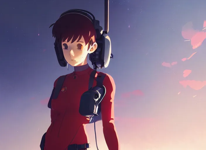 Image similar to portrait of pilot girl, smoky sky background, lush landscape, illustration concept art anime key visual trending pixiv fanbox by wlop and greg rutkowski and makoto shinkai and studio ghibli and kyoto animation, red body suit, military gear, evangelion unit 0 2, grimdark