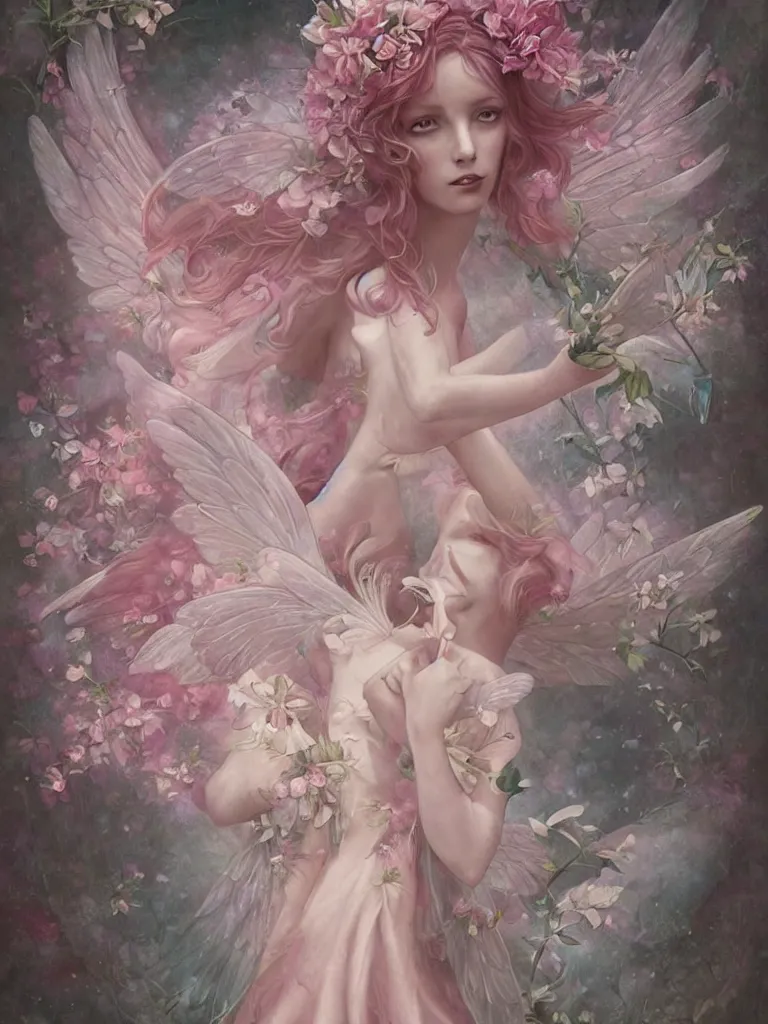 Prompt: symmetry!! a pink beautiful fairy with large wings and flowing hair is exploring her flower garden, style of tom bagshaw, extremely detailed, muted colors, negative space
