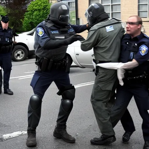 Image similar to an extraterrestrial grey xfiles alien reticulan being arrested by spetsnaz