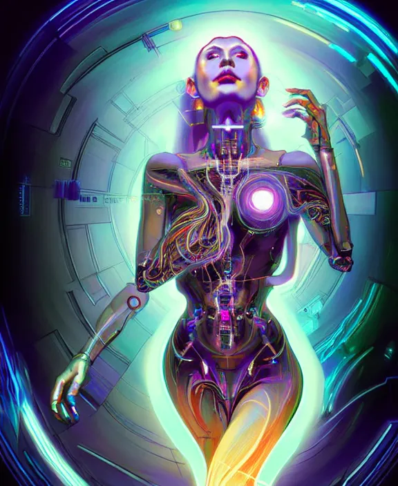 Image similar to a whirlwind of souls rushing inside the metaverse, hologram, half body, neurochip, shaved temple, piercing, jewelry, android, cyborg, cyberpunk face, by loish, d & d, fantasy, intricate, elegant, highly detailed, colorful, digital painting, artstation, concept art, art by artgerm and greg rutkowski and alphonse mucha