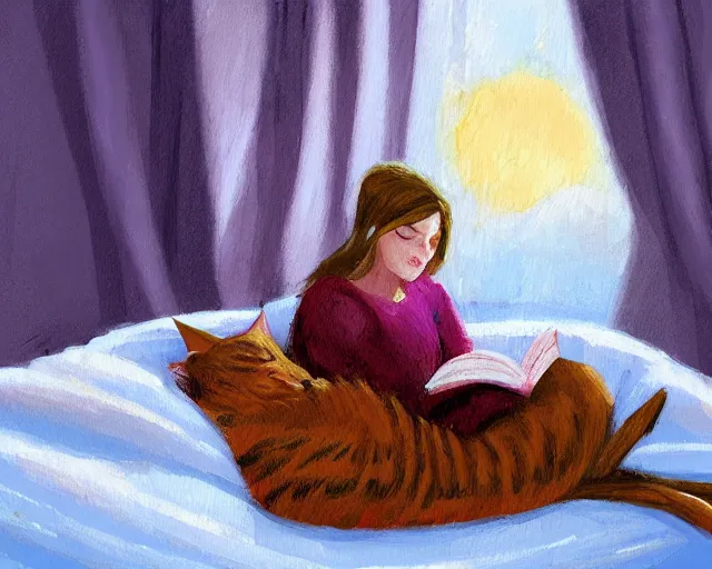 Image similar to a beautiful warm fuzzy painting of a woman curled up with a blanket reading a good book next to her friendly cat who is purring with eyes closed. they are both sitting next to a window as the sun sets in winter, by eric wallis, trending on artstation, concept art, lofi, digital illustration