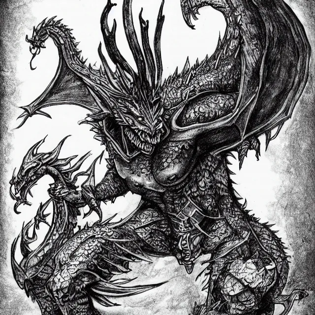 Image similar to Ink drawing of a half-dragon goblin in the style of the AD&D monster manual detailed HD 8k High Resolution