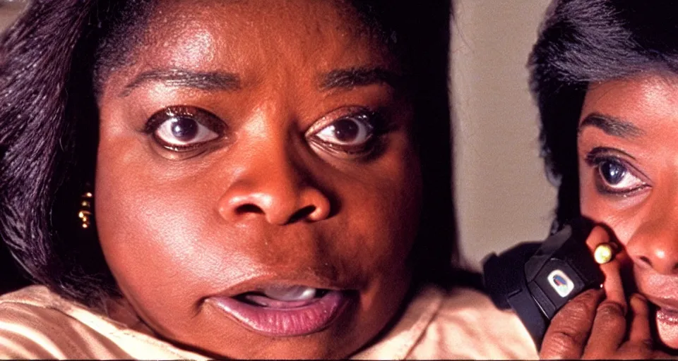 Image similar to cinematic shot from a 1 9 8 5 thriller, a octavia spencer implants device in joe manchin's ear, in the near future, film directed by stanley kubrick, color theory, apartment design, leading lines, photorealistic, volumetric lighting