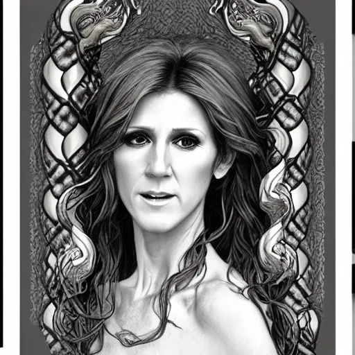 Image similar to amazing lifelike award winning pencil illustration of Celine Dion with many snakes for hair trending on art station artgerm Greg rutkowski alphonse mucha cinematic