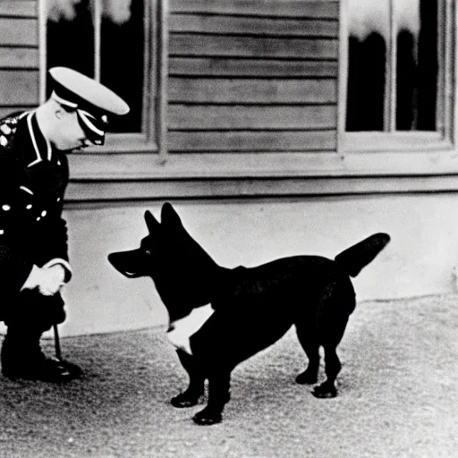 Image similar to ultra wide 1 9 4 6 blurry historical photo of a single german general kneeling to pet a corgi, a young queen elizabeth watches him, french village exterior, highly detailed, sharp focus