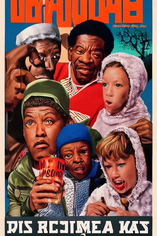 Prompt: poster the movie 1 9 8 8 ussr don't be a menace to south central while drinking your juice in the hood, perfect symmetrical eye, soviet russian winter fur hat with earflaps ushankas vodkra kremlin babushka