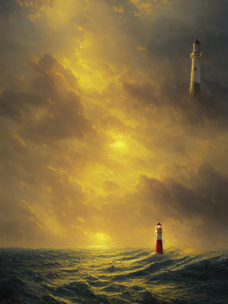 Prompt: a beautiful painting of a singular lighthouse, shining its light across a tumultuous sea of blood by greg rutkowski and thomas kinkade, yellow color scheme.