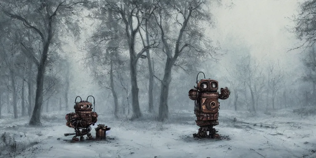 Prompt: Hyper realistic and detailed painting of a steampunk robot rusting in the forest, winter, snow, dark clouds in the sky, nighttime, by Greg Rutkowski, trending on artstation, 4k, moody lighting, fog