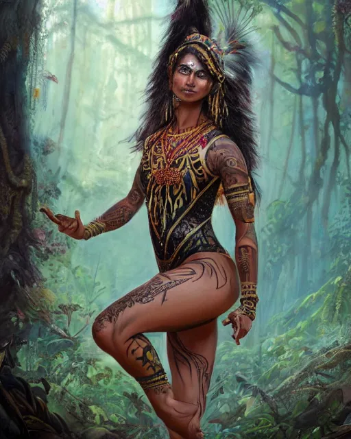 Prompt: a tattooed indian female warrior wearing a magicaal leotard in a magical forest, highly detailed face, realistic face, beautiful detailed eyes, fantasy art, in the style of greg rutkowski, illustration, epic, fantasy, intricate, hyper detailed, artstation, concept art, smooth, sharp focus, ray tracing, vibrant