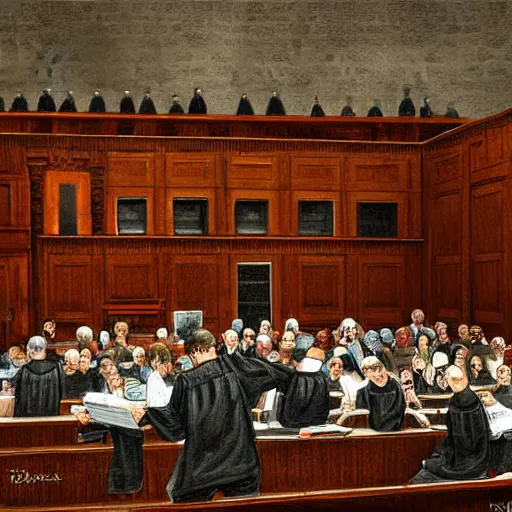 Image similar to Digital art about a huge courtroom with lots of people. The defendant and the accused are on a floating platform. Fantastic detail, astonishing composition, award winning.