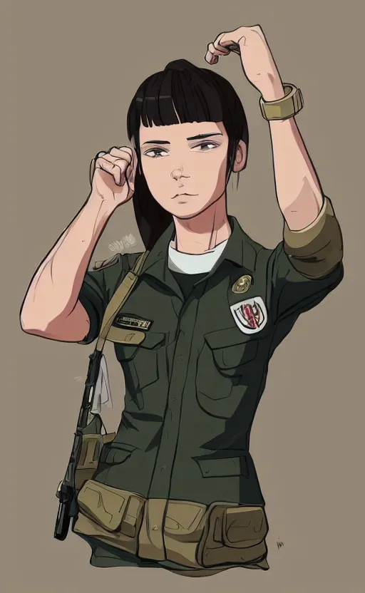 Image similar to T-shirt design, portrait of soldier girl, 2022 anime style, clean logo, graphic templates, flight squadron insignia, no text, soldier clothing, realistic military gear, inspired by shirt designer, made in blender, no background, vector line art, by ilya kuvshinov, trending on teemill, symbology, realistic human anatomy, high resolution, matte, empty hands, realistic military carrier