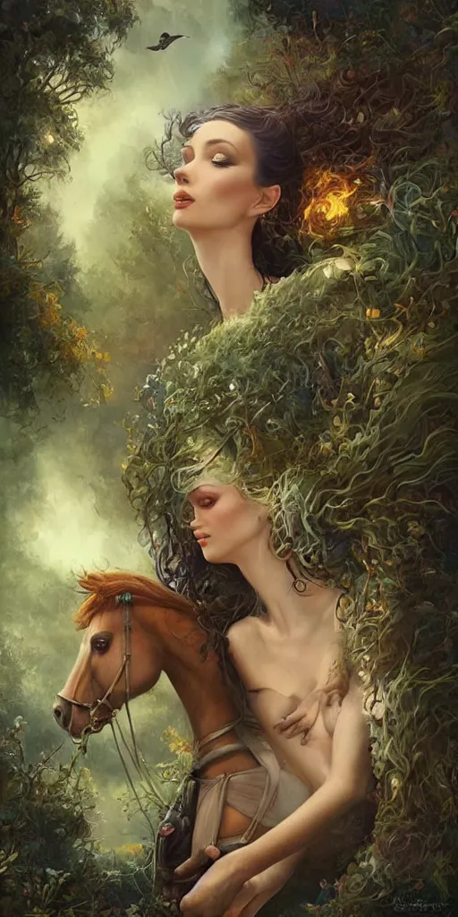 Image similar to a beautiful lush landscape of a the most beautiful woman and her draughthorse, hyperrealistic, award-winning, masterpiece, in the style of Tom Bagshaw, Cedric Peyravernay, Peter Mohrbacher