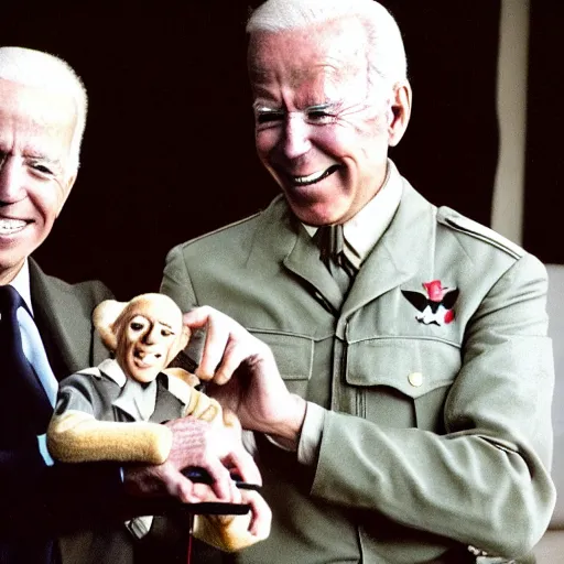 Image similar to UHD candid color photo of (Klaus Schwab in Nazi uniform) holding a (Joe Biden ventriloquist dummy), accurate faces, UHD, photorealistic, correct face, photo by Annie Leibowitz