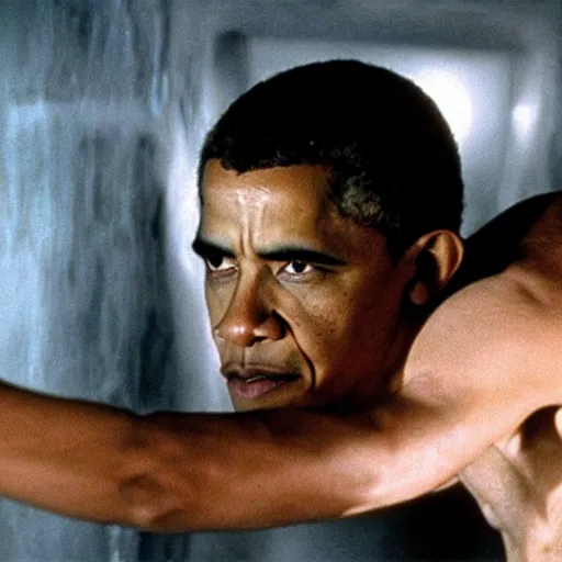 Image similar to film still of Barack Obama being held against a wall by a predator in the movie Alien.