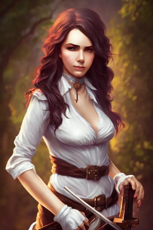 Image similar to full body, female bard, perfect face, white blouse, 8 k, magic the gathering, forest, d & d, artstation, high detail, smooth, coherent