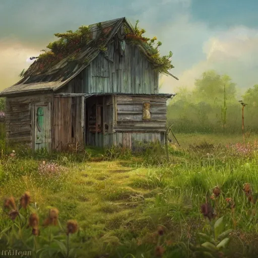 Image similar to a matte painting of a midwestern countryside, shack close up, very overgrown, patchy flowers, oil painting, pale colors, high detail, 8 k, wide angle, trending on artstation,