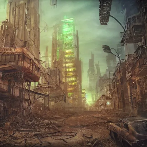 Image similar to post apocalyptic dieselpunk city , highly detailed, 4k, HDR, award-winning photo, glowave neon