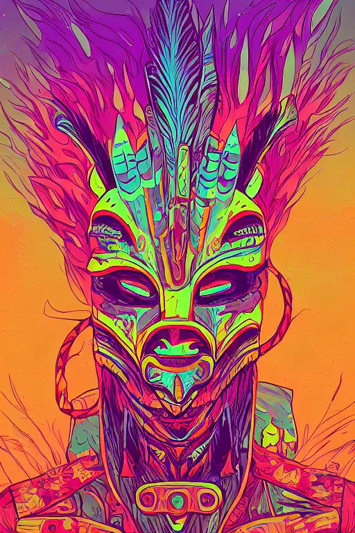 Image similar to totem animal mask tribal feather gemstone plant wood rock shaman vodoo video game vector illustration vivid multicolor borderlands comics by josan gonzales and dan mumford radiating a glowing aura