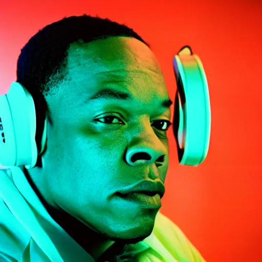 Image similar to photo of dr. dre wearing futuristic neon headphone., cinestill, 8 0 0 t, 3 5 mm, full - hd