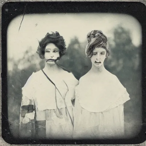 Image similar to tintype vintage photographs of aliens, cryptids, cyborgs, post apocalyptic humans, and time travelers