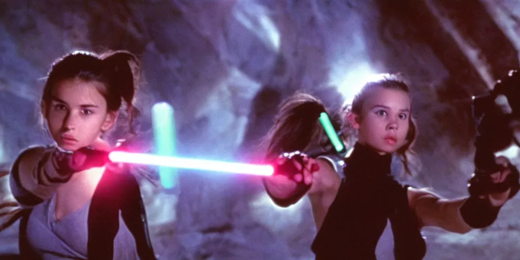 Prompt: a full color still of a teen brunette girl with her hair up holding a lightsaber with a sci-fi battle in the background, cinematic lighting, 1999, directed by Steven Spielberg, 35mm