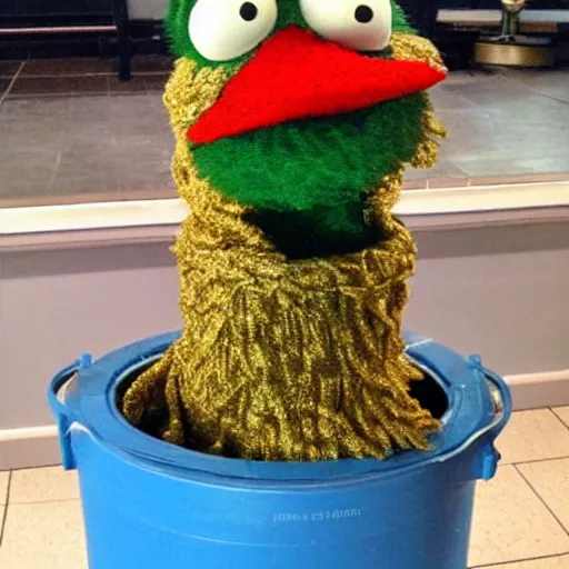 Image similar to oscar the grouch sesame street in a gold garbage can, yarn art