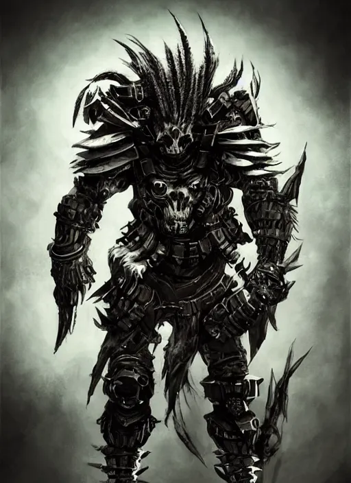 Prompt: Full body portrait of a scary gnoll. Armour made of human skulls. In style of Yoji Shinkawa and Hyung-tae Kim, trending on ArtStation, dark fantasy, great composition, concept art, highly detailed.