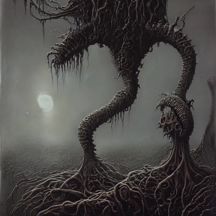 Image similar to art by Zdzislaw Beksinski detailed painting of the biomechanical elder god, intricate matte painting background, elegant horror artwork, haunting, luxurious, ominous, 4k, cinematic, by Yoshitaka Amano, horizontally symmetrical, by Wayne Barlowe, trending on Artstation