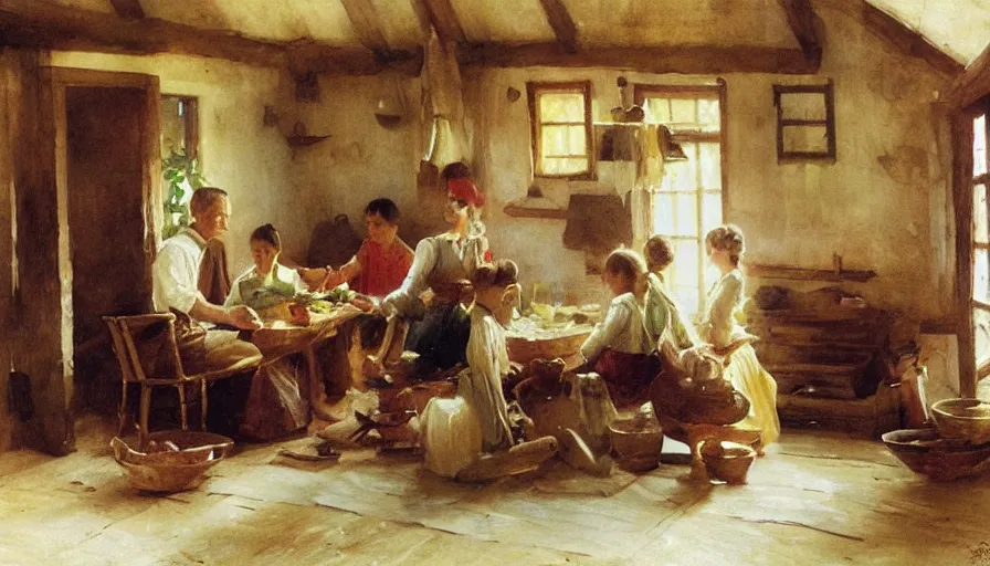 Image similar to simple villager family about to eat a meal together in their beautiful simple cottage home, art by anders zorn, wonderful masterpiece by greg rutkowski, beautiful cinematic light, american romanticism thomas lawrence, greg rutkowski