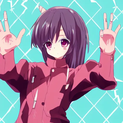 Prompt: an anime girl making finger guns at the camera, tsundere aesthetic, anime key visual