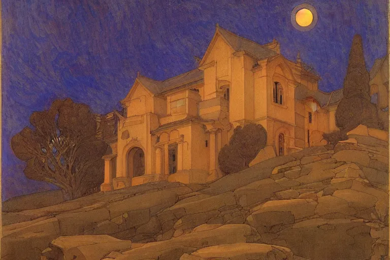 Image similar to beautiful stone house at twilight by Annie Swynnerton and Nicholas Roerich and jean delville, strong dramatic cinematic lighting , ornate tiled architecture, lost civilizations, smooth, sharp focus, extremely detailed
