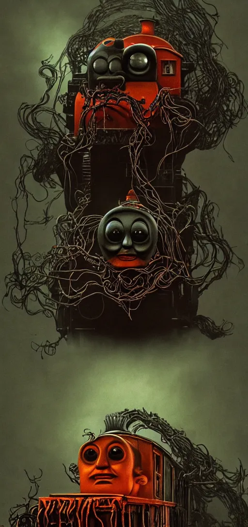 Image similar to thomas the tank engine in style of zdzisław beksinski, extremely dramatic lighting, 8 k, tendrils, black, darkness, black slime tendrils, infected, rust, body horror, thomas the train, thomas the tank engine face, horror,