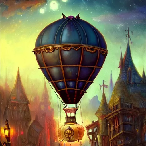 Image similar to a beautiful stunning fantasy whimsical matte digital illustration of a scene of a steampunk hot - air balloon over a lit steampunk city at night by marc simonetti, pastel color palette, disney magic the gathering steampunk!!!, chiaroscuro magical! bokeh moon stars dramatic romantic! epic breathtaking, clock tower,, trending on artstation hq, masterpiece