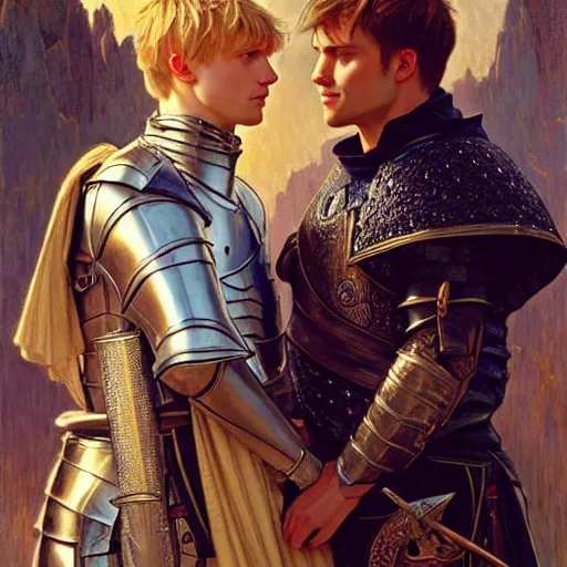 Image similar to attractive arthur pendragon and his favourite attractive male knight, they are in love, camelot, natural lighting, path traced, highly detailed, high quality, digital painting, by gaston bussiere and ross tran and j. c. leyendecker and alphonse mucha