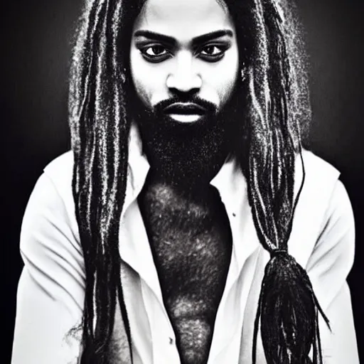 Image similar to prince with a beard and long hair, dark skin, Arabic, highly detailed, hyperrealistic