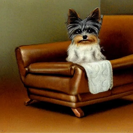 Image similar to gray Yorkie dog sitting on a white leather recliner, extremely detailed masterpiece, illustration, by Michael Sowa,