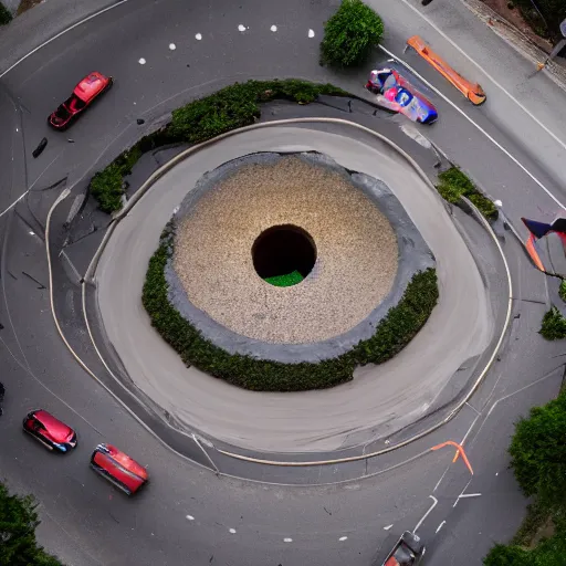 Prompt: infinite sinkhole in the middle of the street, sony a 7 r iii, 8 5 mm, f / 1. 8, 2 0 1 8