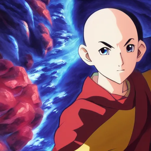 Image similar to anime key visual of avatar : the last airbender, acrylic painting, cinematic, dramatic lighting, realistic eyes, aesthetically pleasing, anatomically correct