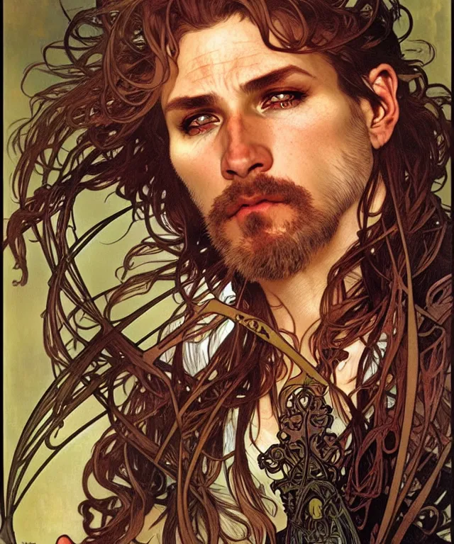 Prompt: realistic detailed face portrait of a wolfman by alphonse mucha, ayami kojima, amano, greg hildebrandt, and mark brooks, male, masculine, art nouveau, neo - gothic, gothic, character concept design