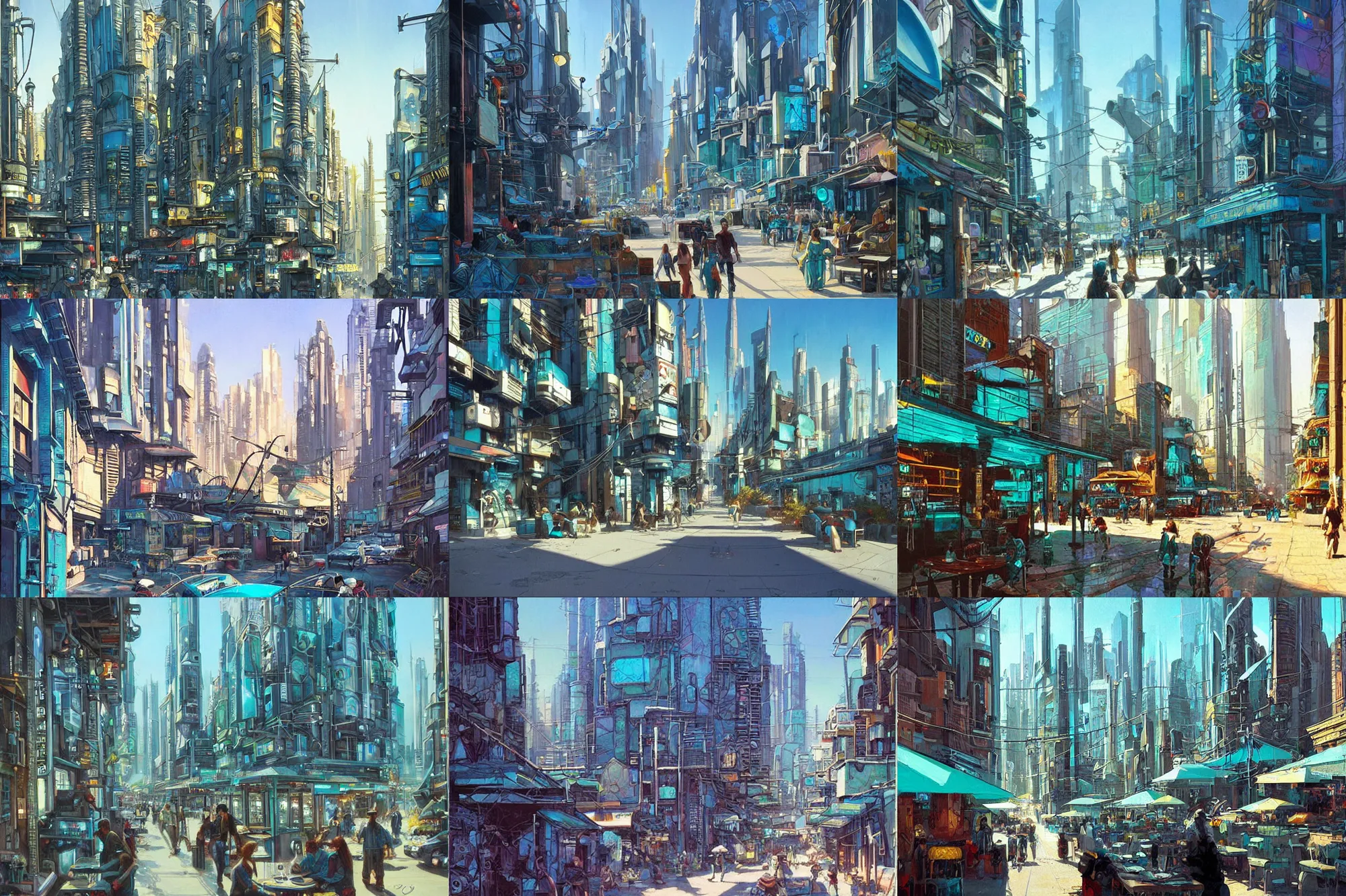 Prompt: street of teal stone, sunlight and whimsical houses, cafe tables, cyberpunk futuristic sleek glass metropolis, painting by james gurney